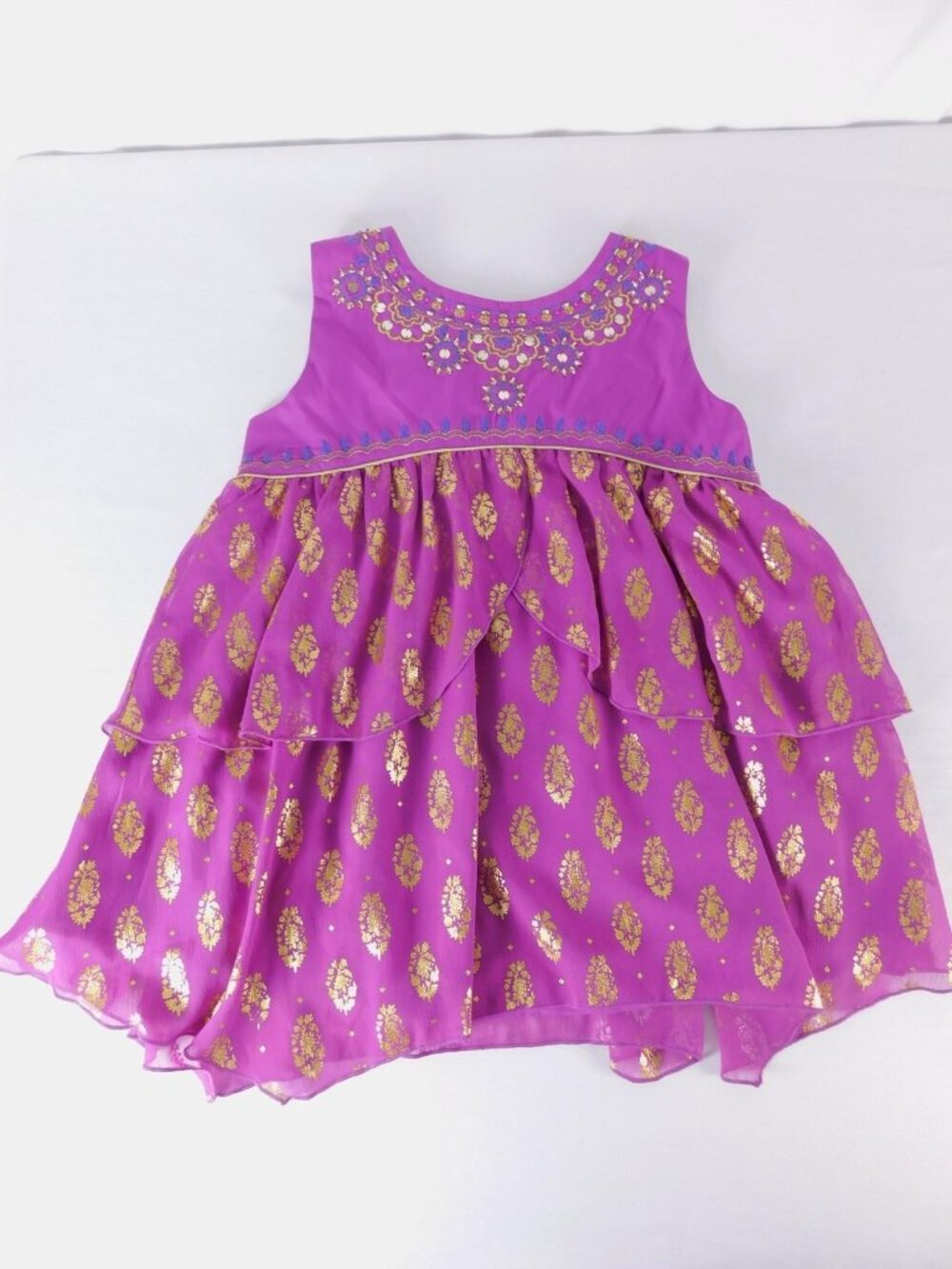 Monsoon Dress Girls 11-12 Years Purple Gold Floral Chiffon Tiered Party Formal